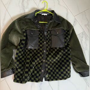 Checkered Green Black Teddy Shacket w/ Faux Leather — Ascot + Hart